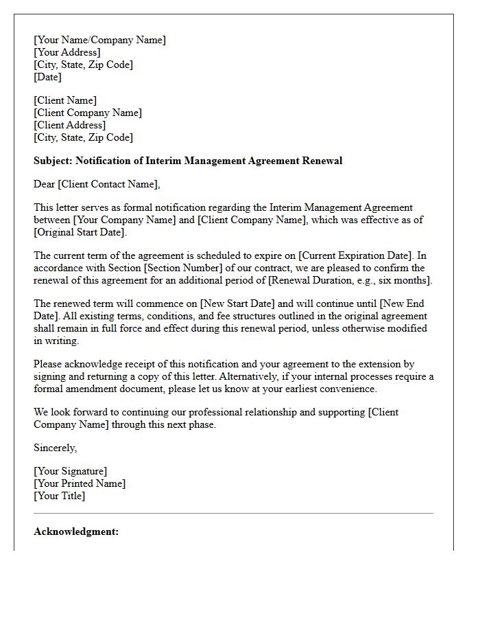 Interim Management Agreement Renewal Notification Letter