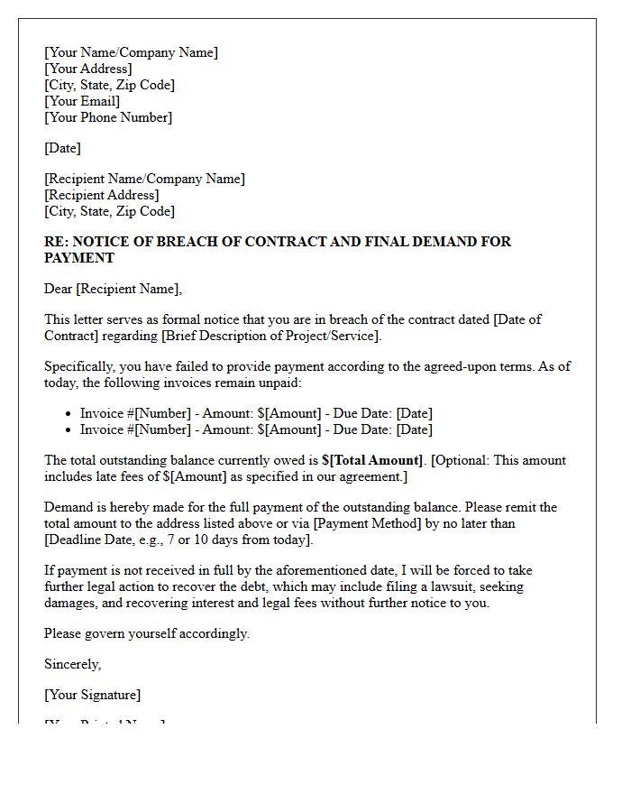 Breach of Contract and Final Demand for Payment Letter