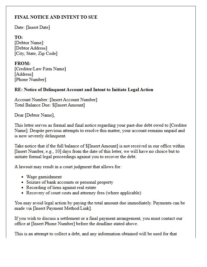Consumer Debt Final Notice and Intent to Sue Letter
