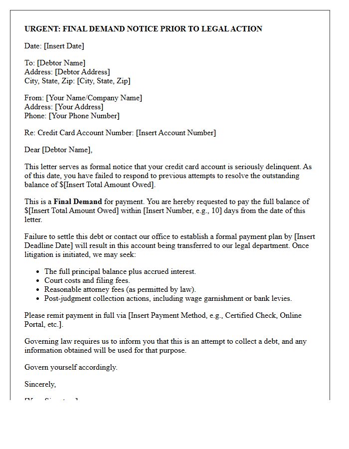 Credit Card Delinquency Final Demand Letter Before Litigation