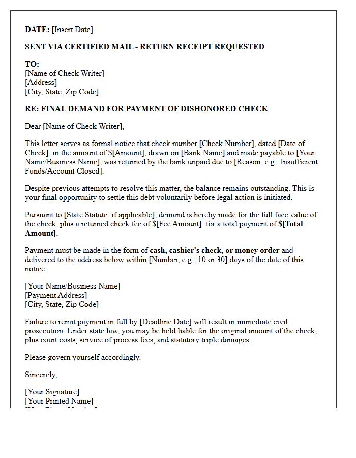 Dishonored Check Final Demand Letter Before Civil Prosecution
