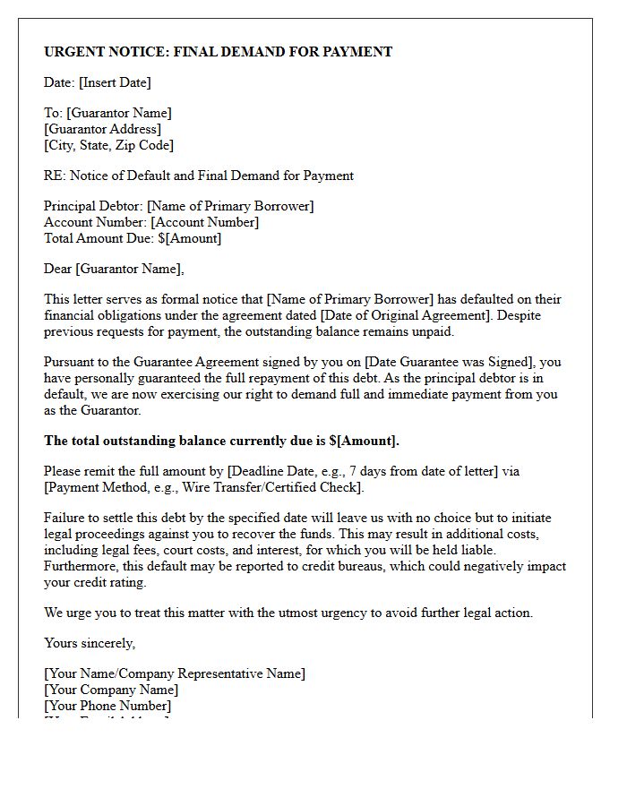 Guarantor Final Demand Letter for Defaulted Debt