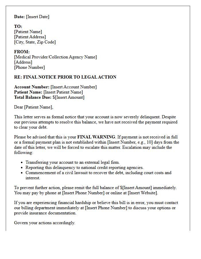 Medical Debt Final Collection and Legal Action Warning Letter