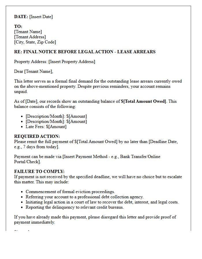 Property Lease Arrears Final Debt Collection Letter