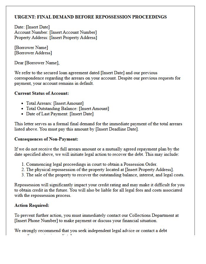 Secured Loan Default Final Demand Letter Before Repossession