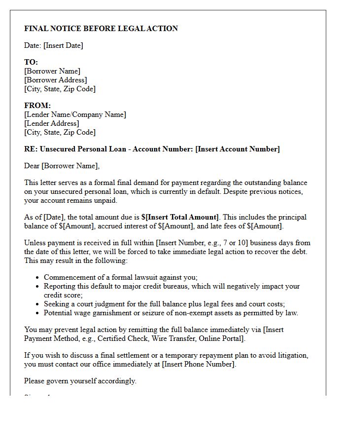 Unsecured Personal Loan Final Legal Action Demand Letter