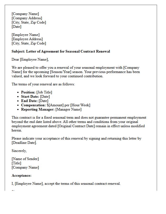 Letter of Agreement for Seasonal Contract Renewal