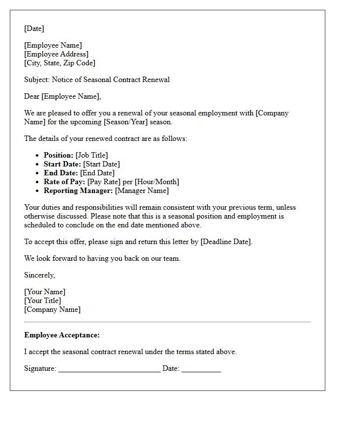 Notice of Seasonal Contract Renewal Letter
