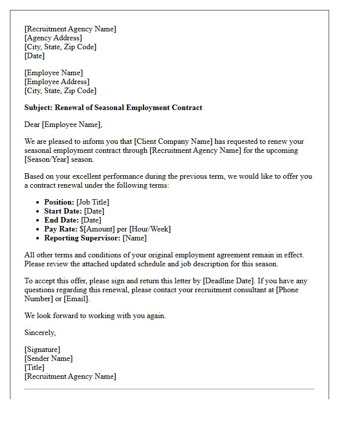 Recruitment Agency Seasonal Employment Renewal Letter