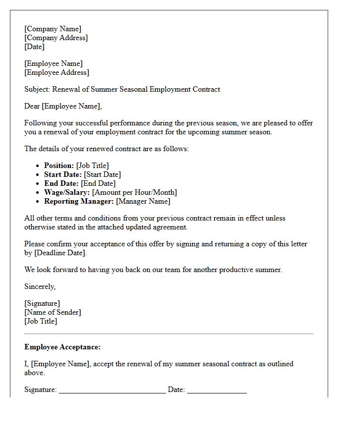 Summer Season Worker Contract Renewal Letter