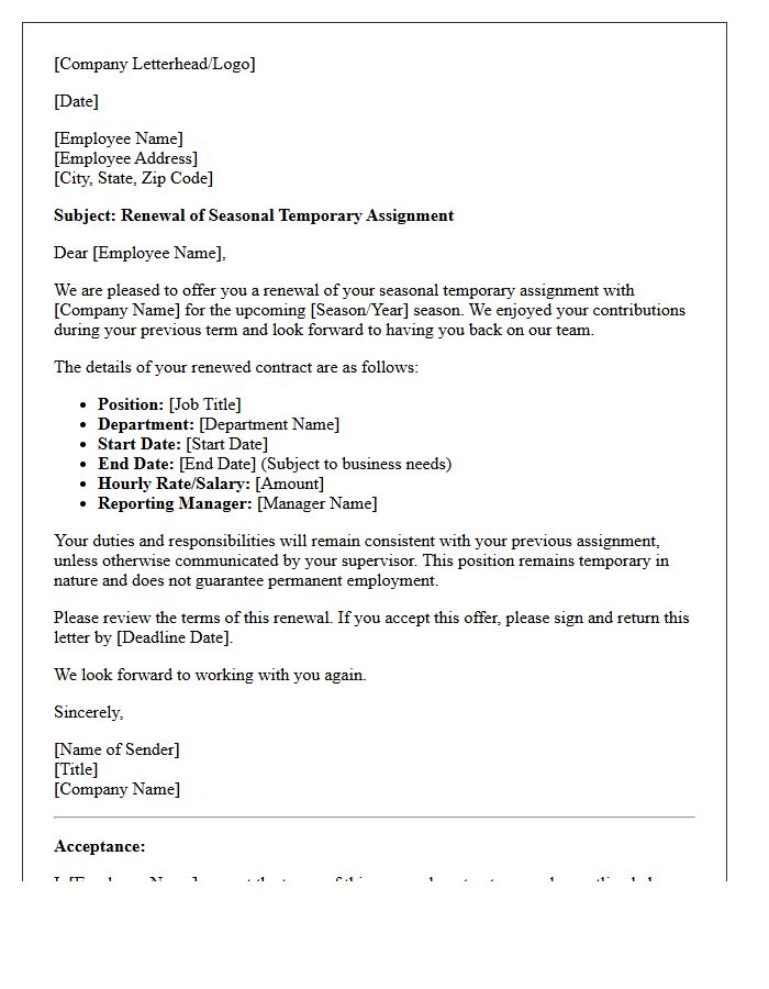 Temporary Assignment Seasonal Contract Renewal Letter