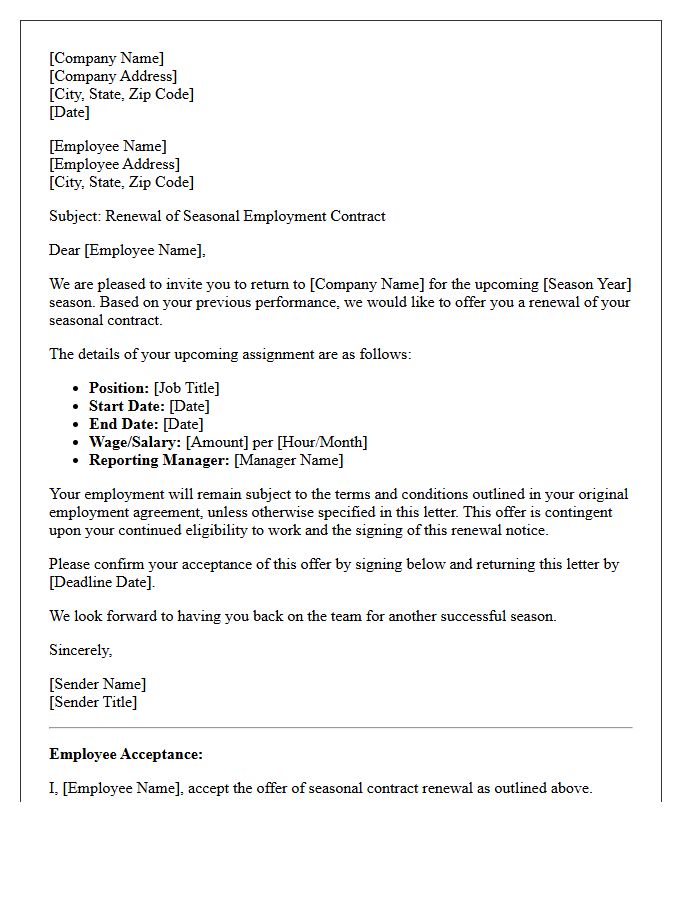 Upcoming Season Worker Contract Renewal Letter