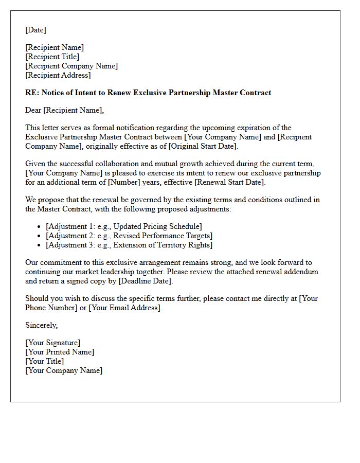 Exclusive Partnership Master Contract Renewal Letter