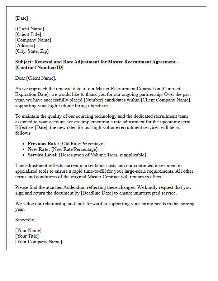 High-Volume Recruitment Master Contract Rate Adjustment Renewal Letter