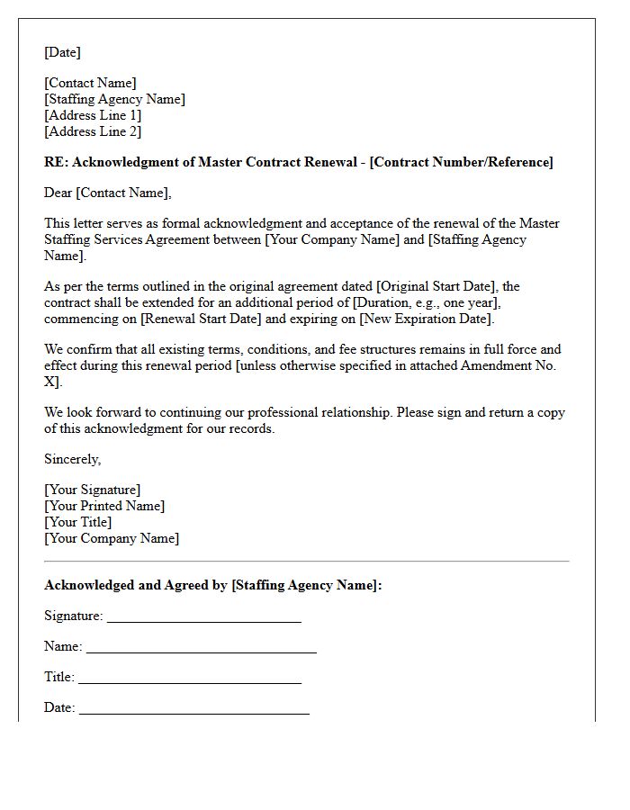 Staffing Agency Master Contract Renewal Acknowledgment Letter