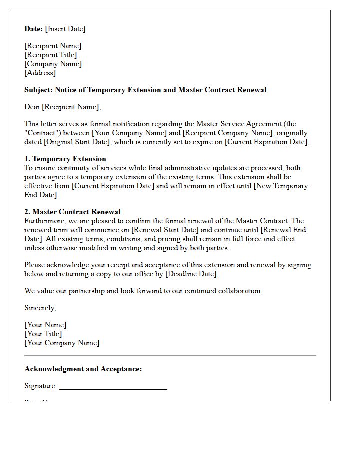 Temporary Extension And Master Contract Renewal Letter