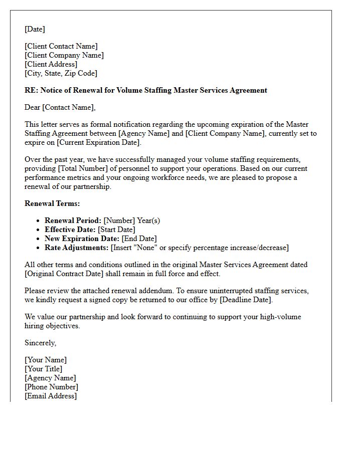 Volume Staffing Agency Master Contract Renewal Notice Letter