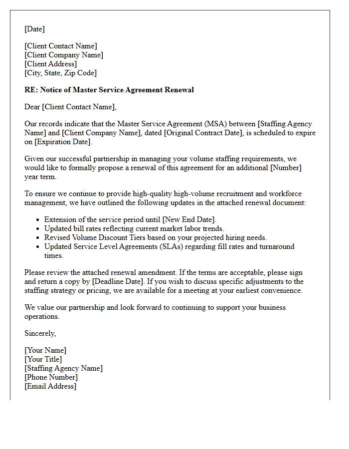 Volume Staffing Agency Master Service Agreement Renewal Letter