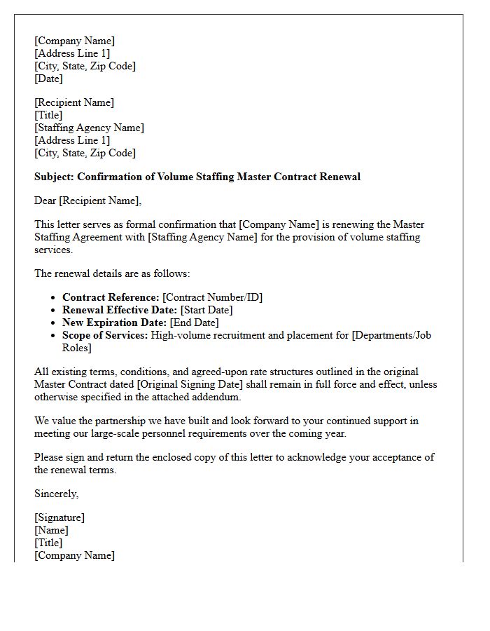 Volume Staffing Master Contract Renewal Confirmation Letter
