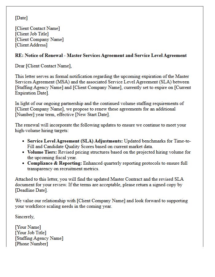 Volume Staffing Service Level Agreement And Master Contract Renewal Letter