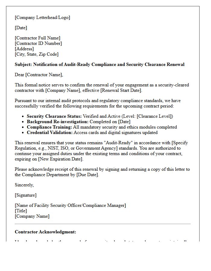 Audit-Ready Compliance-Verified Security Cleared Contractor Renewal Letter