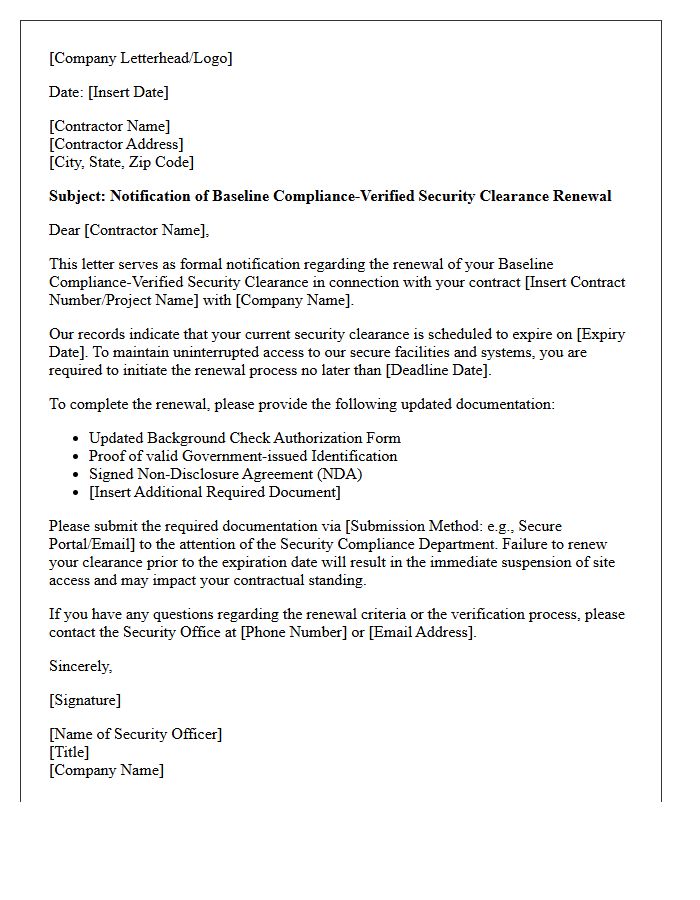 Baseline Compliance-Verified Security Cleared Contractor Renewal Letter