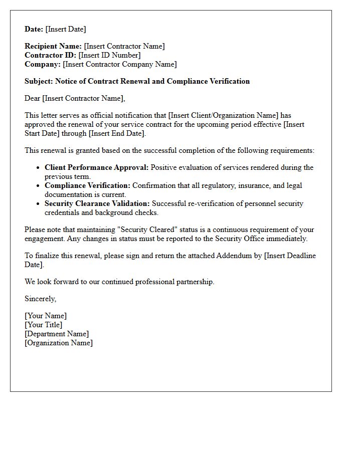 Client-Approved Compliance-Verified Security Cleared Contractor Renewal Letter