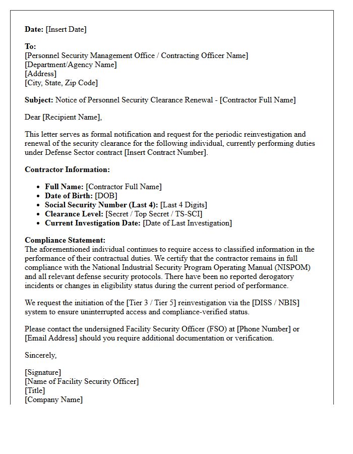 Defense Sector Compliance-Verified Security Cleared Contractor Renewal Letter
