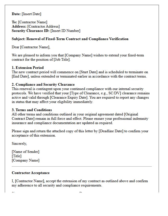 Fixed-Term Compliance-Verified Security Cleared Contractor Renewal Letter