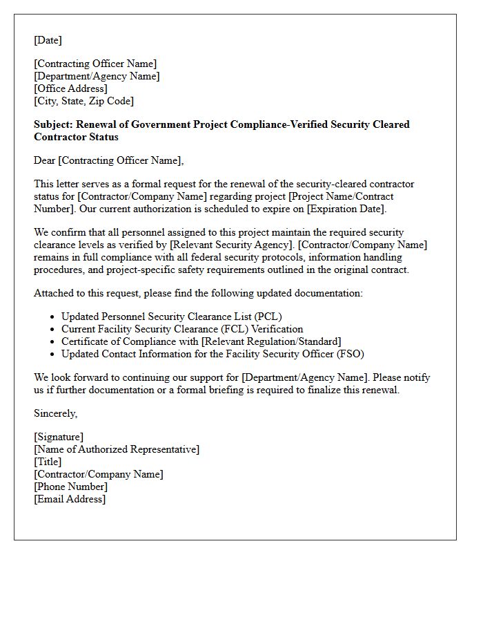 Government Project Compliance-Verified Security Cleared Contractor Renewal Letter