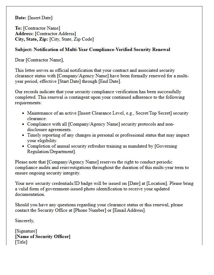 Multi-Year Compliance-Verified Security Cleared Contractor Renewal Letter
