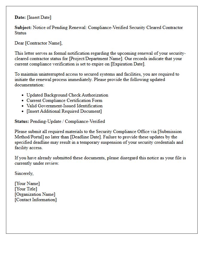Pending-Update Compliance-Verified Security Cleared Contractor Renewal Letter