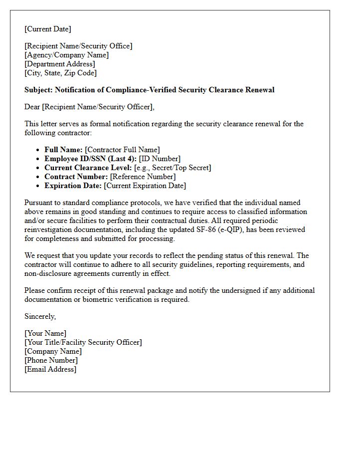 Standard Compliance-Verified Security Cleared Contractor Renewal Letter
