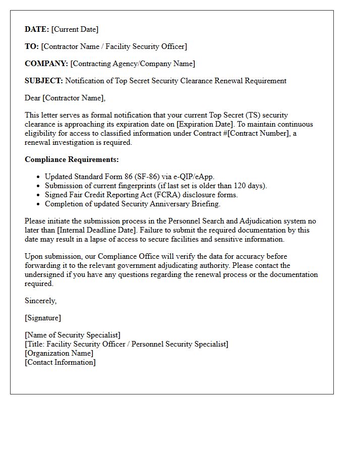 Top Secret Compliance-Verified Security Cleared Contractor Renewal Letter
