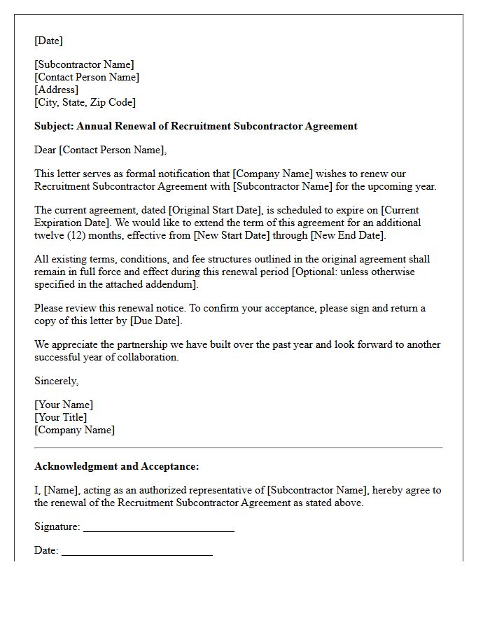 Annual Recruitment Subcontractor Agreement Renewal Letter
