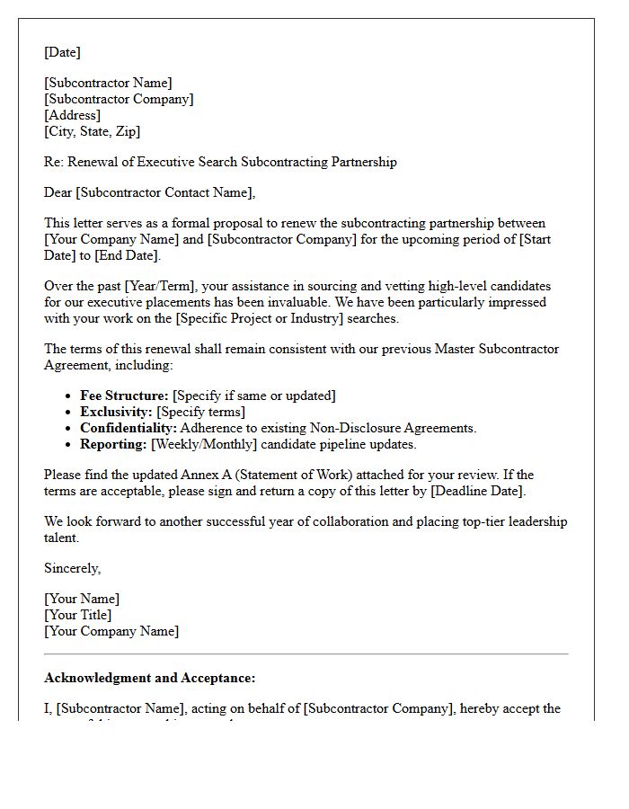 Executive Search Subcontractor Partnership Renewal Letter