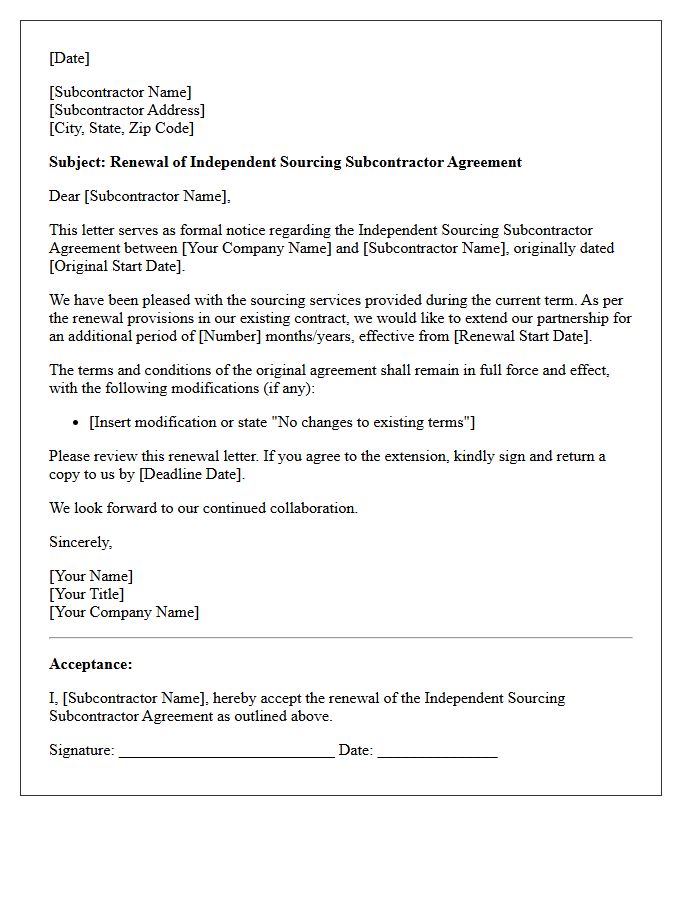 Independent Sourcing Subcontractor Agreement Renewal Letter