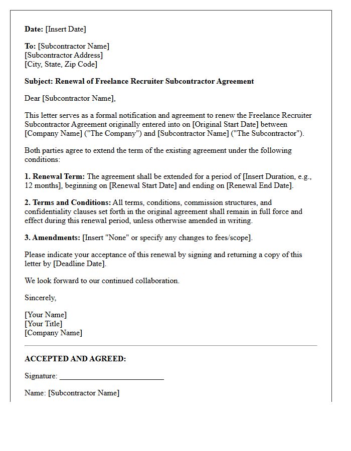 Letter Of Renewal For Freelance Recruiter Subcontractor Agreement