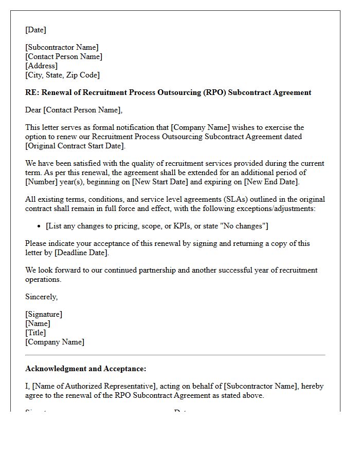 Recruitment Process Outsourcing Subcontractor Renewal Letter