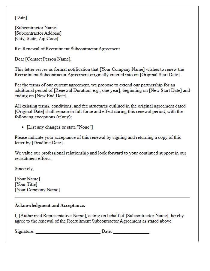 Recruitment Subcontractor Agreement Renewal Letter