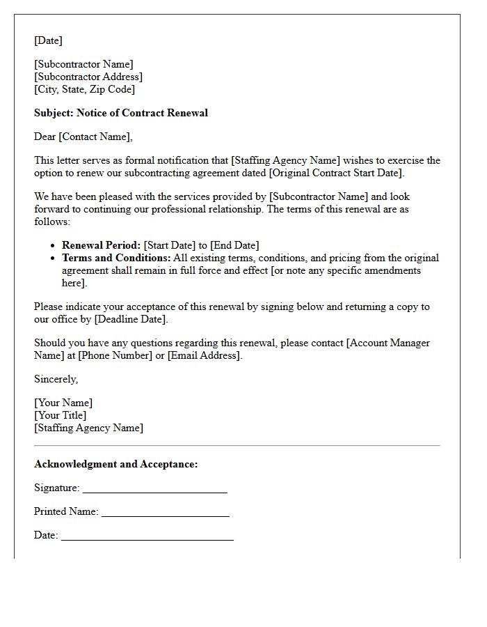 Staffing Agency Subcontractor Contract Renewal Letter