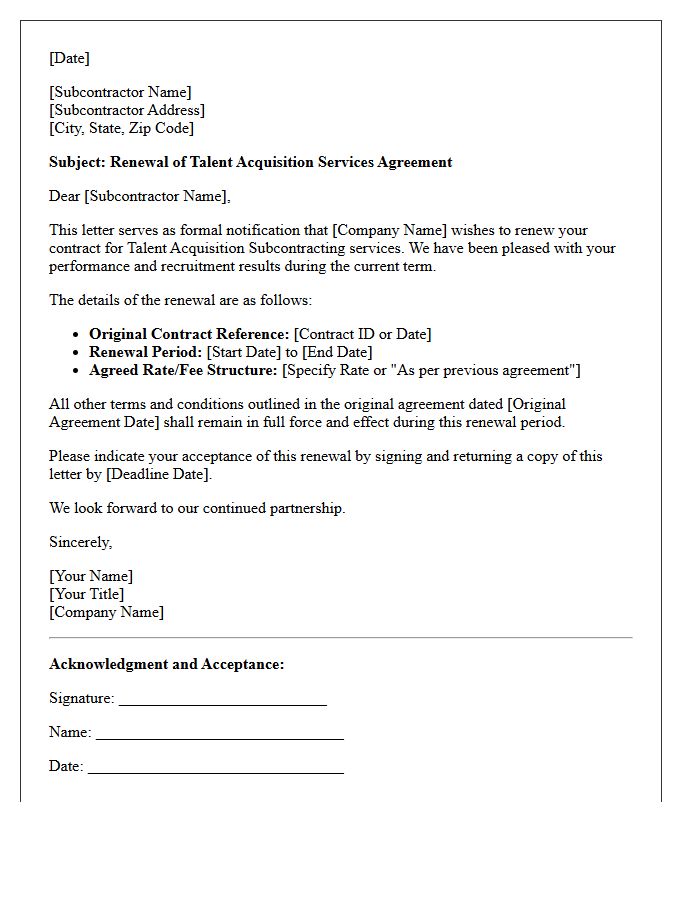 Talent Acquisition Subcontractor Contract Renewal Letter