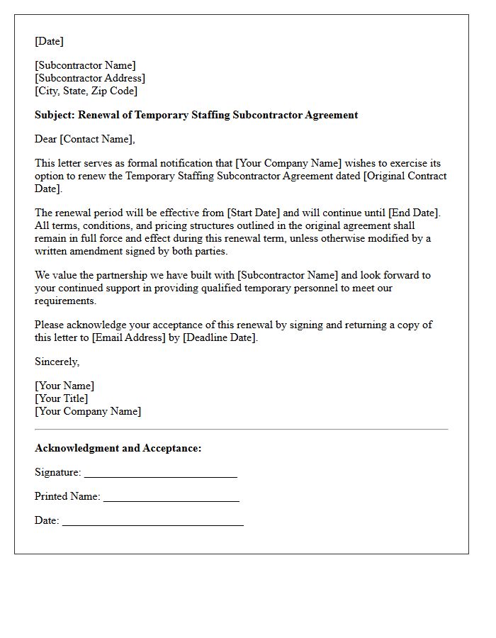 Temporary Staffing Subcontractor Agreement Renewal Letter