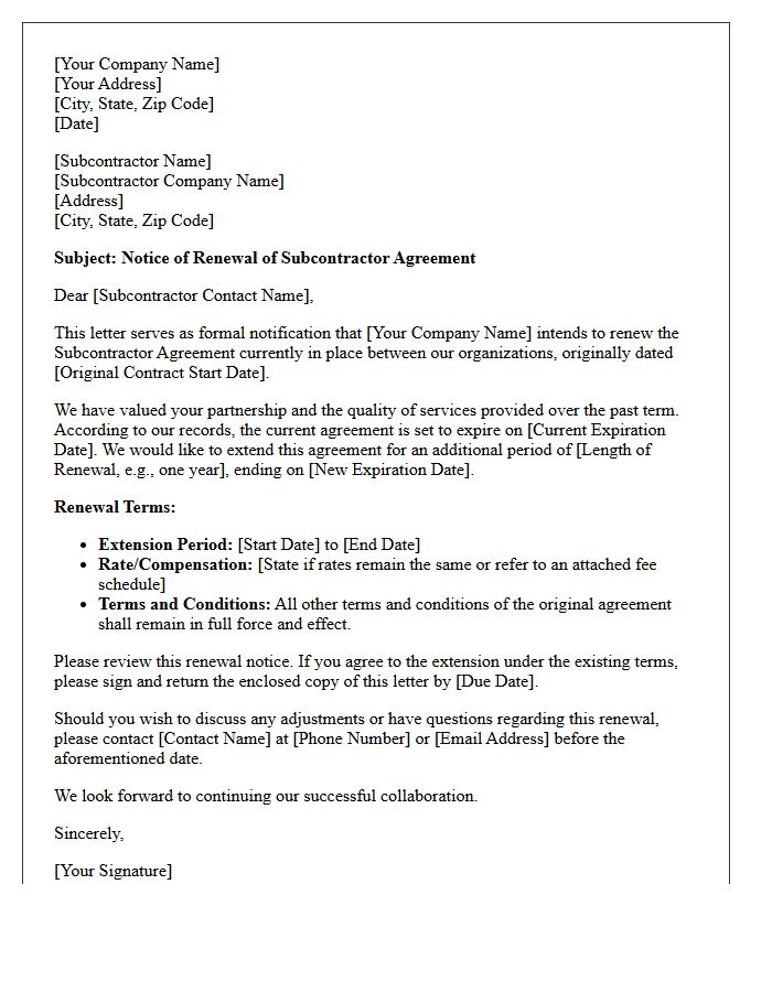 Vendor Management Subcontractor Agreement Renewal Letter