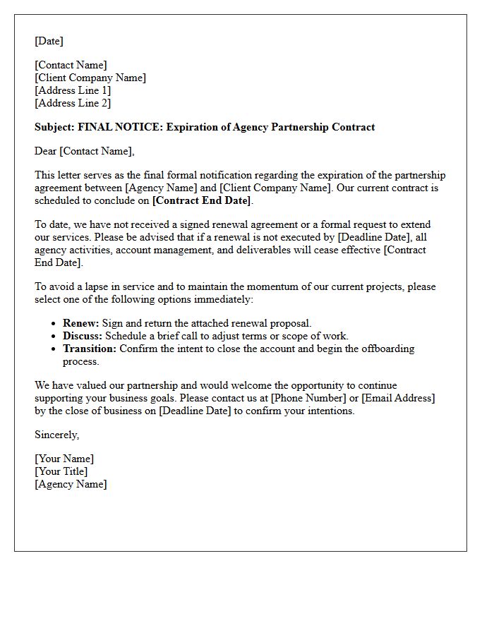 Final Notice of Expiring Agency Partnership Contract Renewal Letter