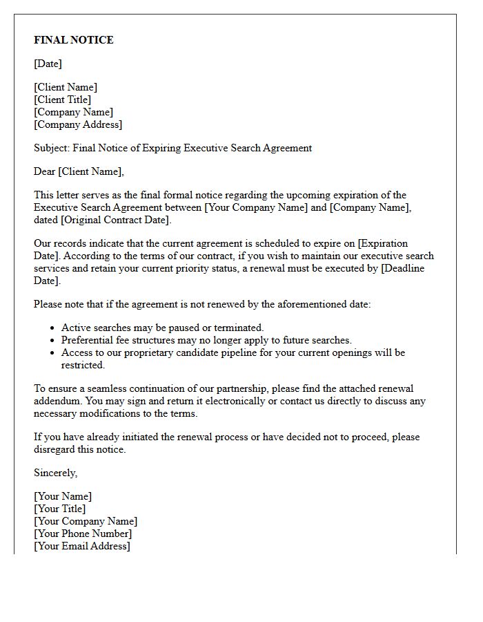 Final Notice of Expiring Executive Search Agreement Renewal Letter