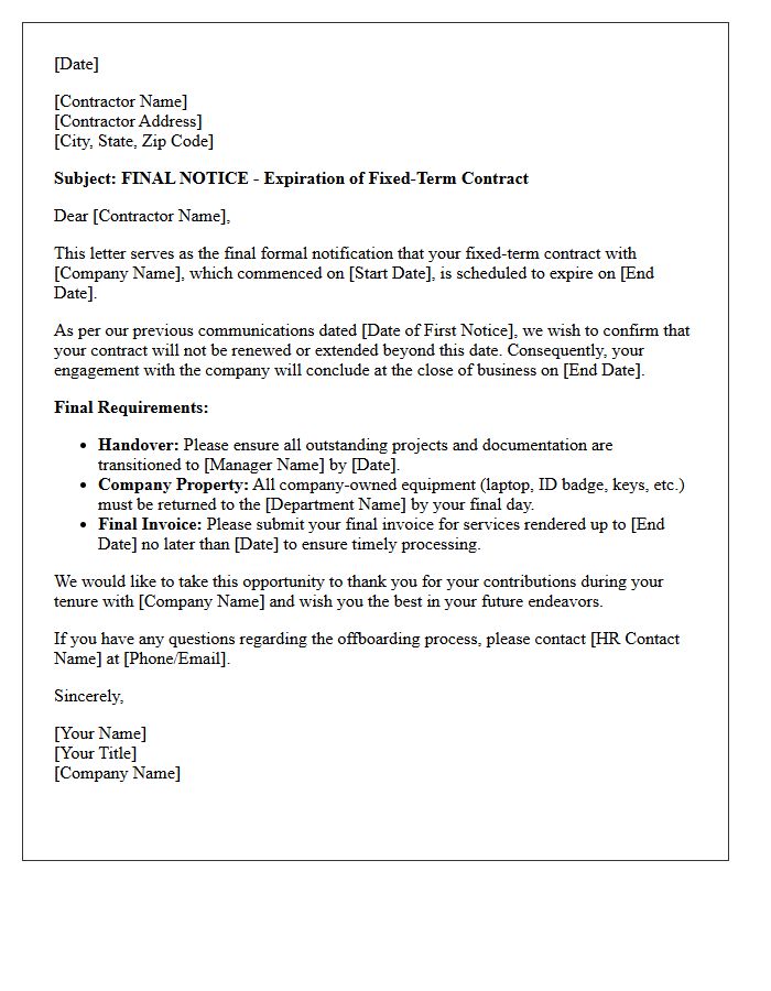 Final Notice of Expiring Fixed Term Contractor Renewal Letter