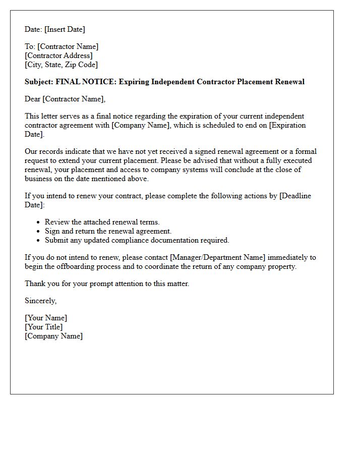 Final Notice of Expiring Independent Contractor Placement Renewal Letter