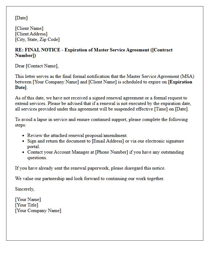 Final Notice of Expiring Master Service Agreement Renewal Letter