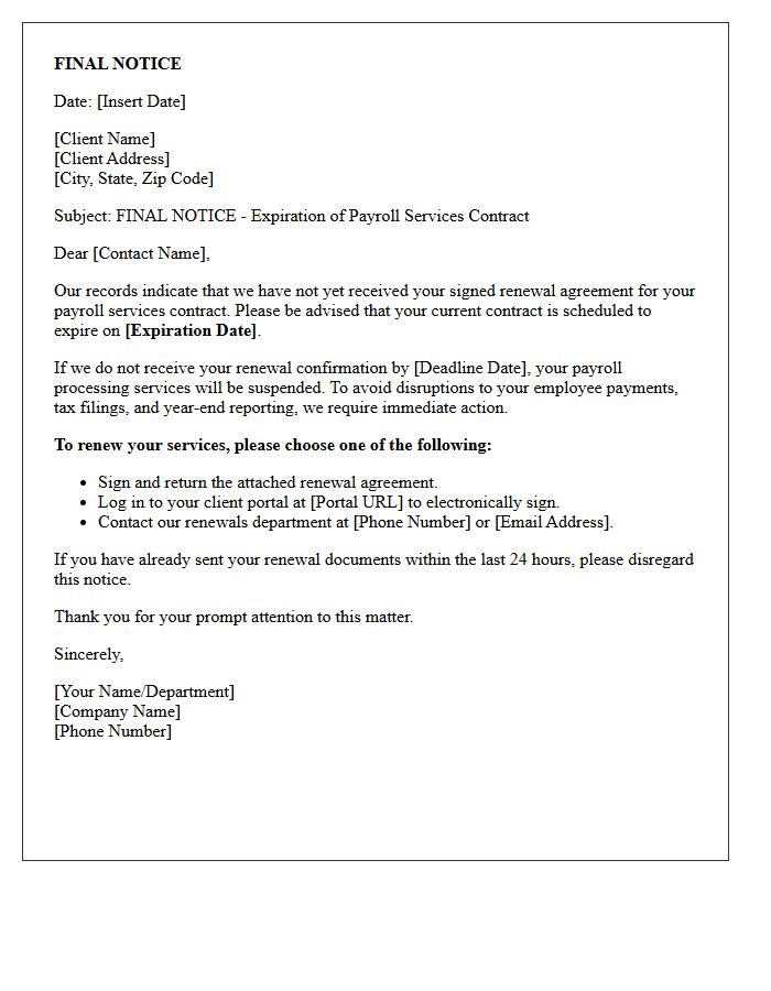 Final Notice of Expiring Payroll Services Contract Renewal Letter